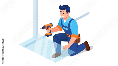 Smiling handyman in blue overalls using power drill on knees