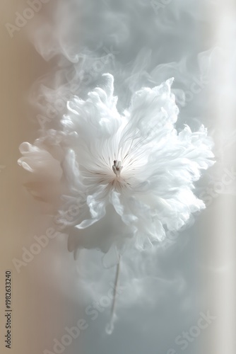 Elegant white flower with soft smoke on pale background, minimalist still life