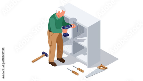Isometric diy home project with elderly man assembling furniture with tools