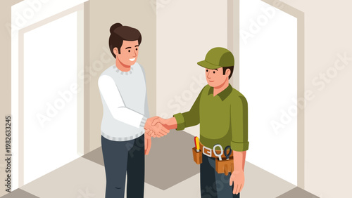 Handshake agreement between homeowner and contractor in modern interior setting