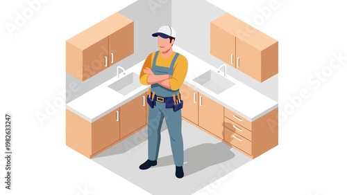Confident carpenter standing in modern kitchen interior