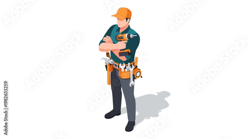 Construction worker holding tools in isometric style
