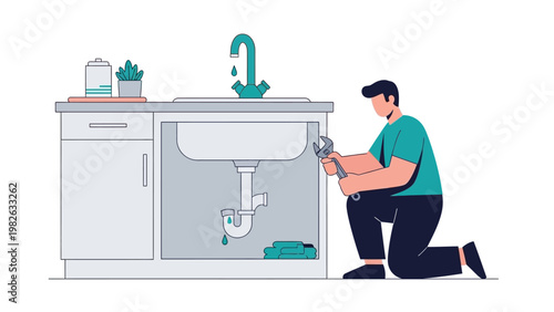 Plumber repairing sink with leaking pipe in modern kitchen design