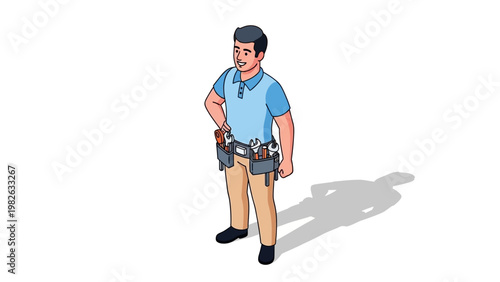 Isometric worker with tool belt and shadow on white background