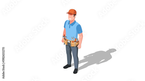Smiling tradesperson with tool belt in isometric style on white background