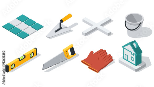 Construction and renovation tools in isometric style for home improvement projects