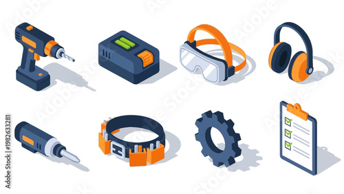 Isometric tools and safety gear set with drill, goggles, gear, helmet, battery, and clipboard