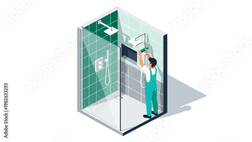 Isometric bathroom renovation scene with worker installing shower