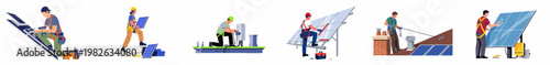 Set of vector illustrations showing technicians installing, maintaining, and cleaning solar panels on roofs and ground mounts for sustainable green energy.