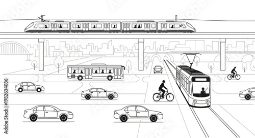 Urban transportation scene with multiple modes of transit.