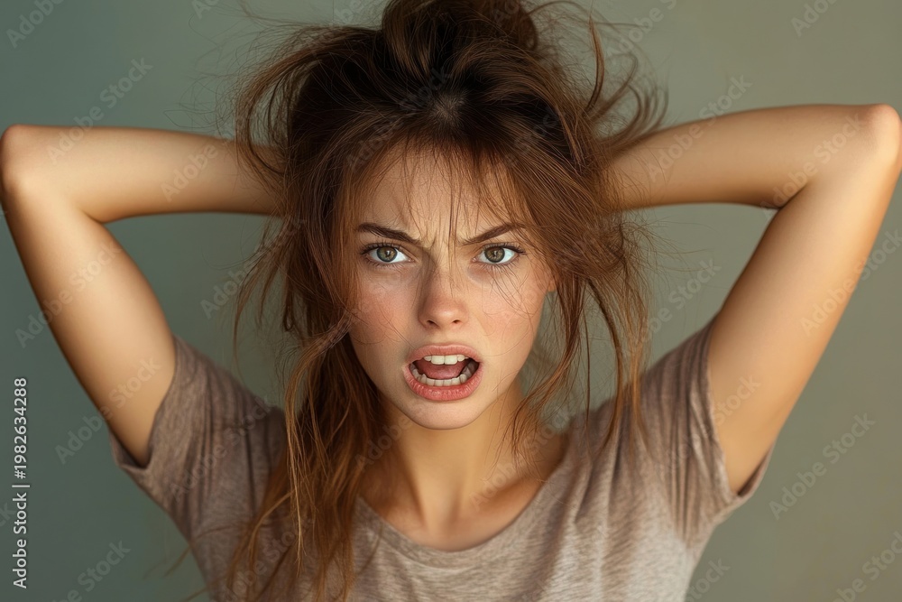 Fototapeta premium person with tousled hair and arms behind head wearing gray t-shirt, relaxed confident casual portrait against muted background