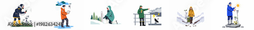 Set of flat vector illustrations featuring meteorologists and scientists performing weather monitoring, field research, and reporting in various environmental conditions.
