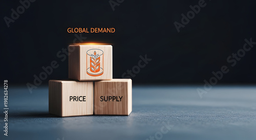 Wooden blocks with price and supply text beneath a glowing wheat icon representing global agriculture demand concept