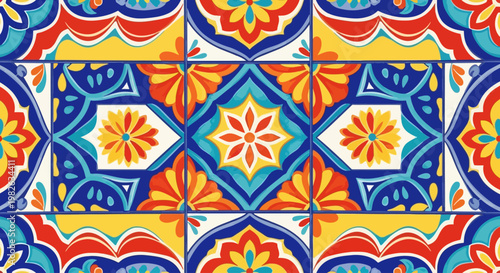 Geometric Mexican tile pattern background displays colorful ceramic inspired shapes in flat design for Cinco de Mayo