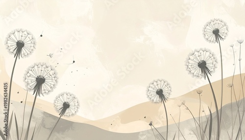 Ethereal dandelion seed heads in a meadow, hand-painted watercolor style, soft earthy tones
