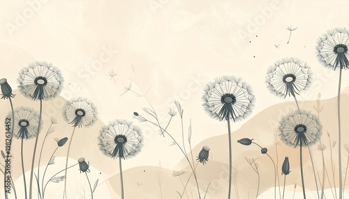 Beautiful watercolor illustration of dandelions blowing in the wind on a soft beige background