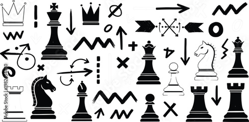 Chess Strategy Icon Set with Pieces Arrows Symbols and Tactical Elements for Game Planning Competition Analysis and Board Game Design Illustration