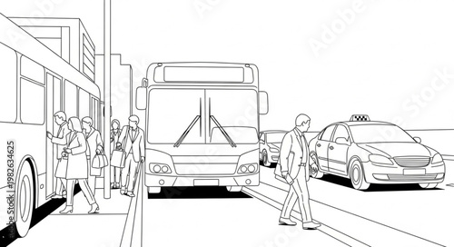 Urban Street Scene with Bus and Taxi.