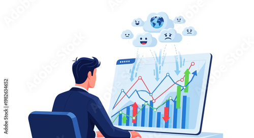Businessman analyzing financial data on a digital screen with cloud emotions