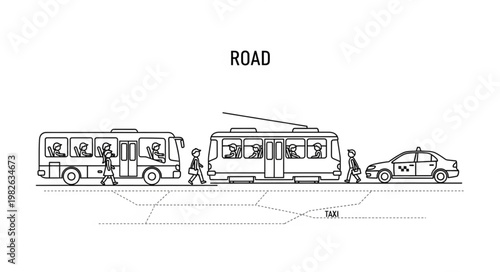 Urban street scene with bus tram and car illustration.