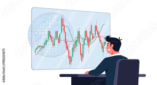 Businessman analyzing financial data on a transparent screen illustration