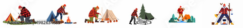 Collection of camping illustrations featuring people setting up tents, lighting campfires, and cooking in the wilderness during autumn and winter seasons.