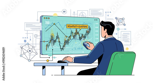 Businessman analyzing financial data on computer screen vector illustration