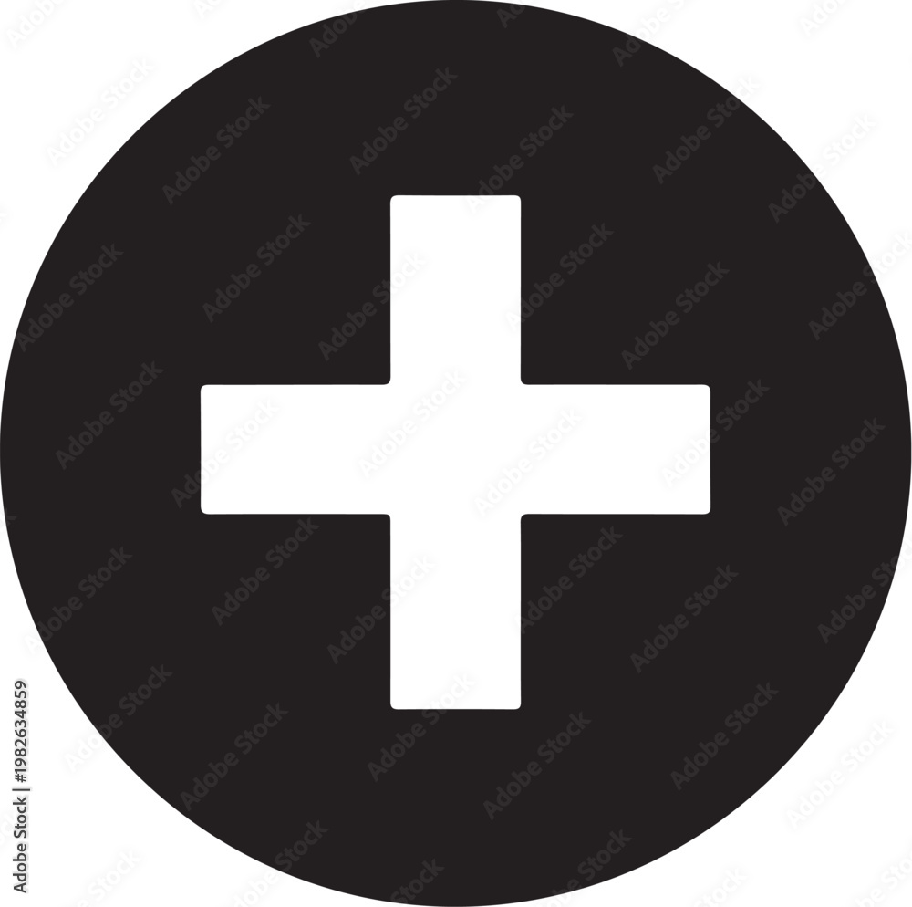 Obraz premium Plus sign, medical symbol, black circle, white cross, healthcare icon, vector