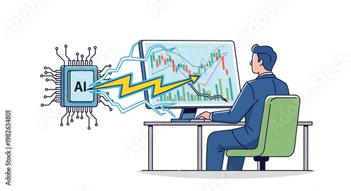 Businessman analyzing financial data with ai on computer screen vector illustration