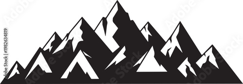 Black mountain range silhouette, snowy peaks, vector landscape, graphic design element