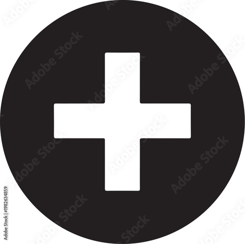 Plus sign, medical symbol, black circle, white cross, healthcare icon, vector