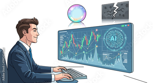 Businessman analyzing financial data with ai on computer screen vector illustration