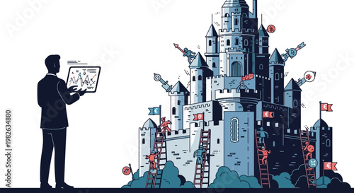 Businessman analyzing financial data with castle concept illustration