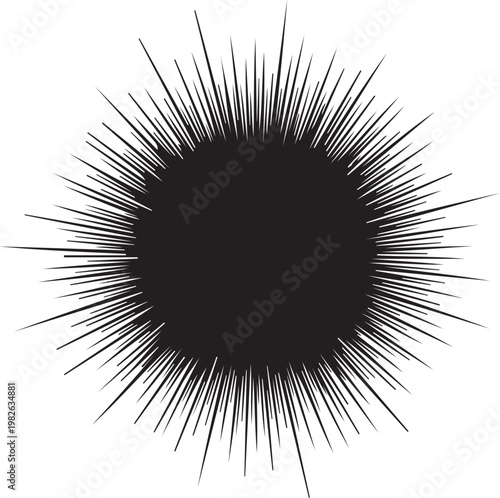 Black spiky circle, abstract burst shape, vector explosion icon, modern dynamic symbol