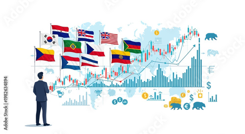 Businessman analyzing financial data with diverse flags representing global markets