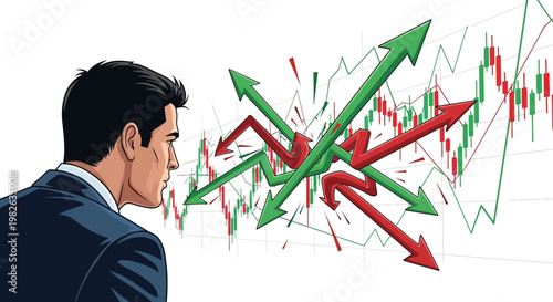 Businessman analyzing financial growth charts with upward and downward arrows