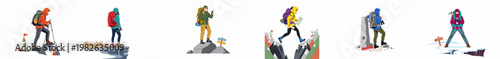Collection of Diverse Hikers and Mountaineers in Flat Illustration Style Exploring Outdoor Terrains with Professional Gear and Equipment