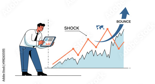 Businessman analyzing financial data with rising graph arrow concept
