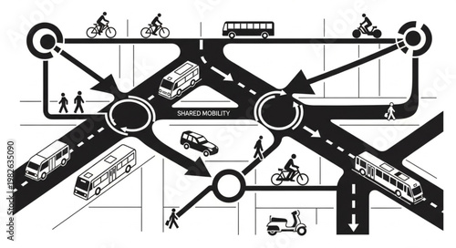 Urban Traffic Flow Diagram Illustrating Complex Intersections and Transport Modes.