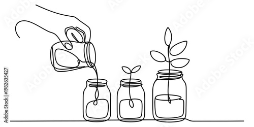 A minimalist single line drawing depicting a hand pouring water into glass jars with plant sprouts Vector, illustration