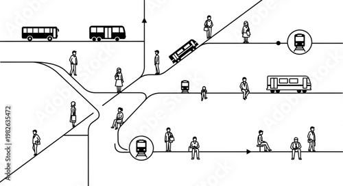 Urban Transportation Hub with Pedestrians and Vehicles.