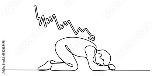 A single continuous line drawing of a person kneeling in despair with a downward trending arrow Vector, illustration