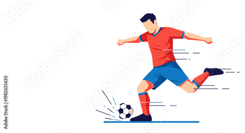 Dynamic flat design illustration of a male soccer player mid-action, powerfully kicking a soccer ball with energy and speed, perfect for sports marketing and digital content
