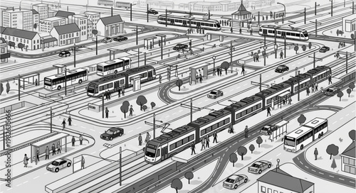 Urban transportation hub with trams and buses in a detailed sketch.