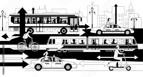 Urban transportation modes illustration with bus tram car and bicycle.