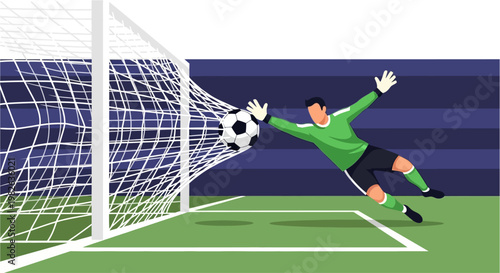 Soccer Goalie Dives to Save a Goal, Capturing the Ball in the Net with a Dynamic Action Shot