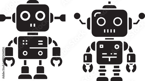 Cute Robot Icon Set, Retro AI Robot Characters, Friendly Droid Illustrations for UI Design, Stickers, Kids Graphics, Tech Branding and Digital Projects.