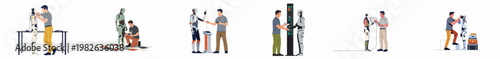 Flat illustrations of engineers and technicians interacting with humanoid robots in various futuristic settings for development, maintenance, and collaboration.