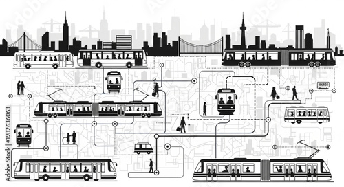Urban Transportation Network Diagram with City Skyline Silhouette.