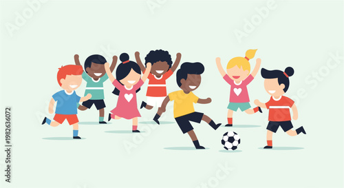 A diverse group of happy, energetic children playing soccer together outdoors on a sunny day, showcasing teamwork and active childhood fun